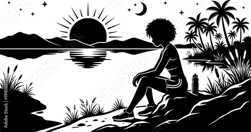 Woman sitting by a lake at sunrise. Black and white silhouette of a person meditating or resting by the water with mountains, palm trees and stars.