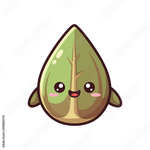 Cute Cartoon Green Leaf Character Face.