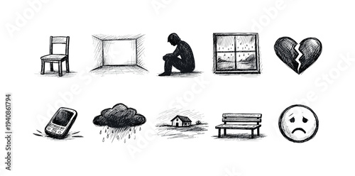 Mental health, depression silhouette icon set. stress, anxiety silhouette collection