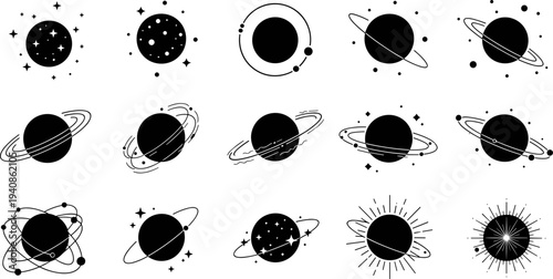 planet icon set, solar system vector collection, space symbols, galaxy elements, orbit planets, astronomy icons, minimal cosmic illustration pack