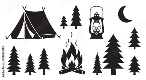Camping elements vector illustration set with tent, lantern, trees, and campfire under moonlight outdoors