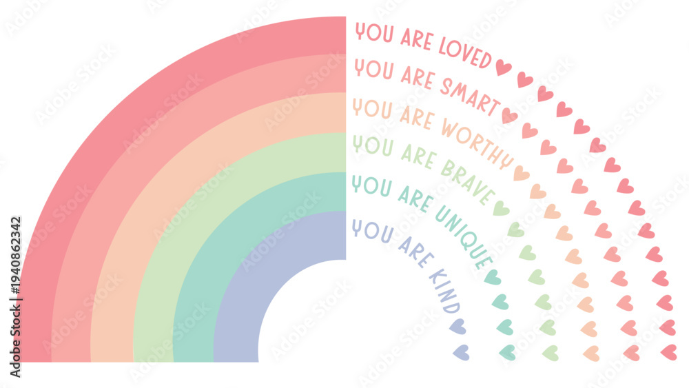 Fototapeta premium Citrus Rainbow Affirmations Poster with Hearts, You Are Loved Inspirational Wall Art for Kids Room, Nursery, Positivity and Self Love