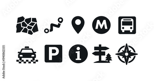 Map and navigation silhouette icon set. wayfinding, directions graphics