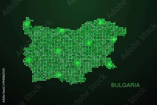 Bulgaria Map - Digital dotted map with glowing green points on dark background, modern technology style, abstract data network design, clean minimal geometric vector illustration.