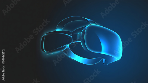 Futuristic virtual reality headset with glowing blue outline on a dark background, representing metaverse, gaming, and digital innovation