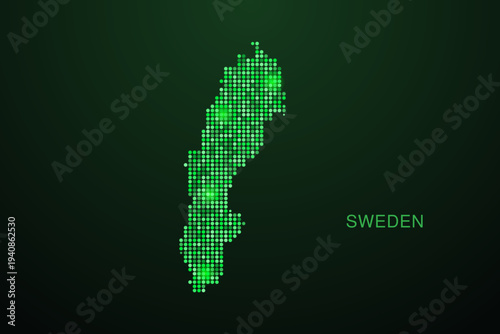 Sweden Map - Digital dotted map with glowing green points on dark background, modern technology style, abstract data network design, clean minimal geometric vector illustration.