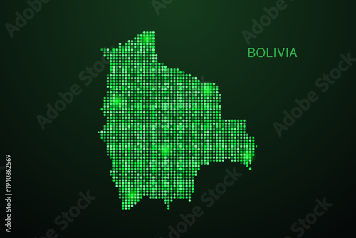 Bolivia Map - Digital dotted map with glowing green points on dark background, modern technology style, abstract data network design, clean minimal geometric vector illustration.