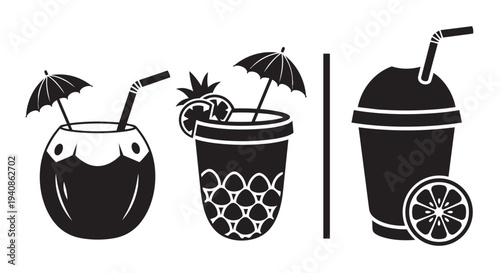 Collection of black and white cocktail drink vector illustrations for restaurant and bar designs