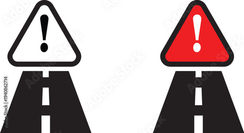 Warning signs on road with exclamation marks