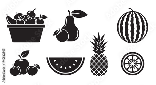 Vector illustration of various fresh fruits including apples, pears, watermelon, and pineapple icons