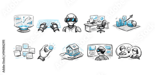Futuristic technology outline icon set. virtual reality, cybersecurity, data analytics icons