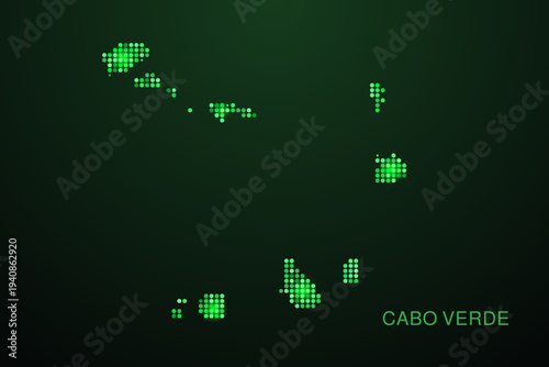 Cabo Verde Map - Digital dotted map with glowing green points on dark background, modern technology style, abstract data network design, clean minimal geometric vector illustration.