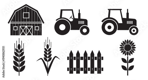 Farm equipment and agriculture vector illustration set including tractors barn and plants