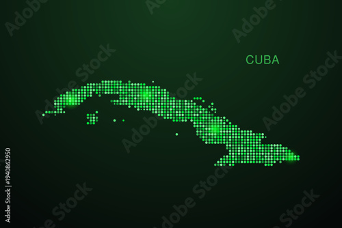 Cuba Map - Digital dotted map with glowing green points on dark background, modern technology style, abstract data network design, clean minimal geometric vector illustration.