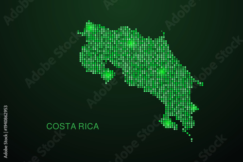 Costa Rica Map - Digital dotted map with glowing green points on dark background, modern technology style, abstract data network design, clean minimal geometric vector illustration.