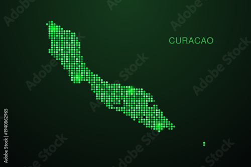 curacao Map - Digital dotted map with glowing green points on dark background, modern technology style, abstract data network design, clean minimal geometric vector illustration.