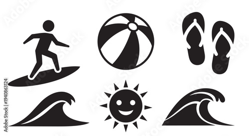 Beach vector illustration set with surfer, waves, and summer accessories for graphic design