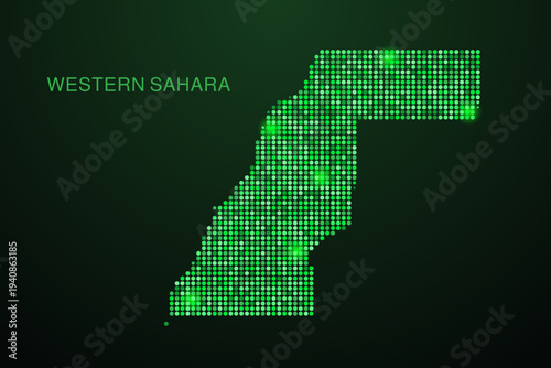 Western Sahara Map - Digital dotted map with glowing green points on dark background, modern technology style, abstract data network design, clean minimal geometric vector illustration.