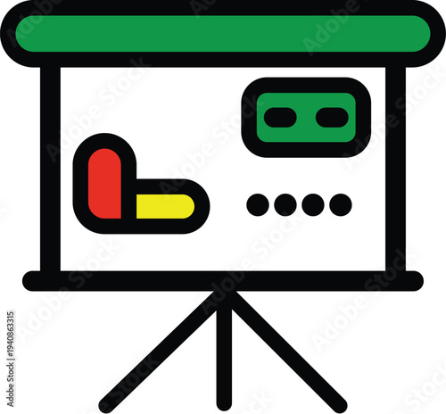 Modern presentation screen with colorful pill icon