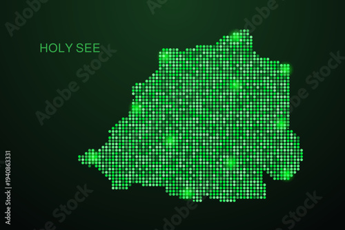 Holy See Map - Digital dotted map with glowing green points on dark background, modern technology style, abstract data network design, clean minimal geometric vector illustration.