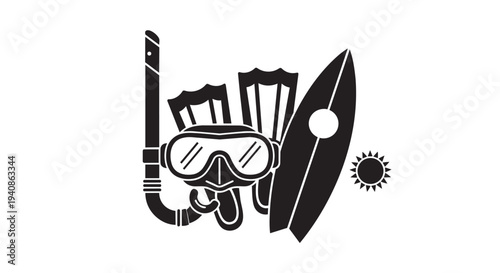 Snorkeling mask vector illustration with surfboard and swimming flippers and sun symbol design elements