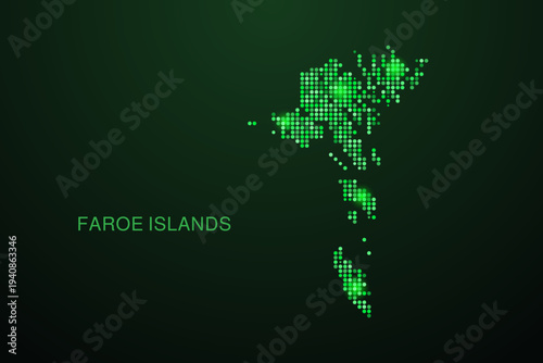 Faroe Islands Map - Digital dotted map with glowing green points on dark background, modern technology style, abstract data network design, clean minimal geometric vector illustration.