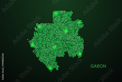 Gabon Map - Digital dotted map with glowing green points on dark background, modern technology style, abstract data network design, clean minimal geometric vector illustration.