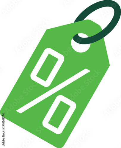 Vibrant green discount tag with percentage symbol for sales and promotions