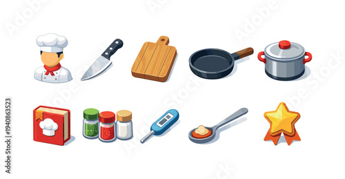 Cooking and kitchen tools icon set. cooking equipment in 3d style for culinary projects