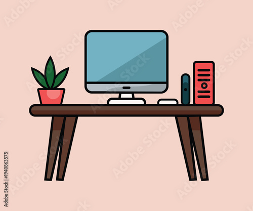 Modern office workspace with computer and plant on desk