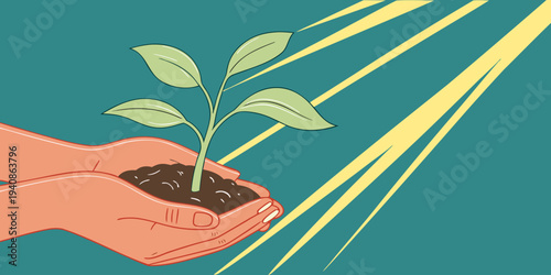 Young plant growing in hand representing sustainability, eco friendly future, nature protection and environmental responsibility. Minimal flat vector for green campaign concept.