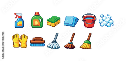Cleaning tools icon set. household, cleaning supplies icons in 3d pixel art style