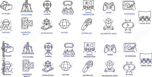  Virtual reality and 3D technology related icon set VR helmet augmented reality 3D projection