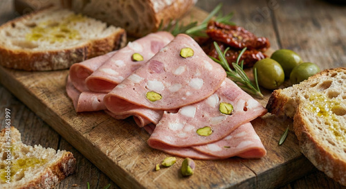 Traditional Italian Mortadella Bologna Slices with Pistachios and Rustic Bread