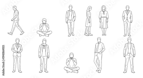 minimalist line art drawings of diverse people in various poses and attire perfect for modern design elements and infographics