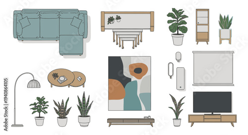 modern minimalist living room furniture set top view for interior design and stylish home decor planning inspiration.