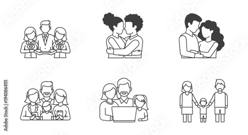 people and family relationships vector icon set illustrating diverse human connections social dynamics and modern lifestyle interactions