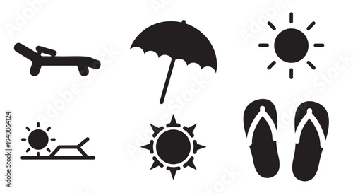Vacation travel vector icon set including airplane umbrella and sunglasses for tourism and leisure