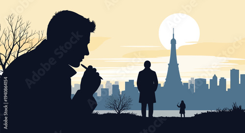 Silhouetted figures against a city skyline at sunset with a full moon.