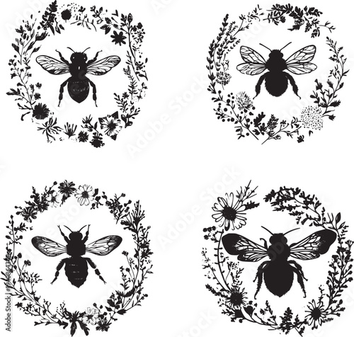 Four black flies in floral wreaths vector illustration set isolated on white background