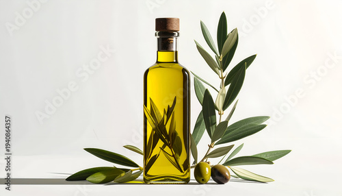 Bottle of olive oil with olive branches and olives on a plain white backdrop