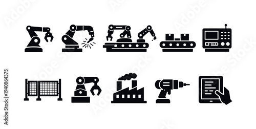 Industrial, automation line icon set. robots, machinery, production line icons collection