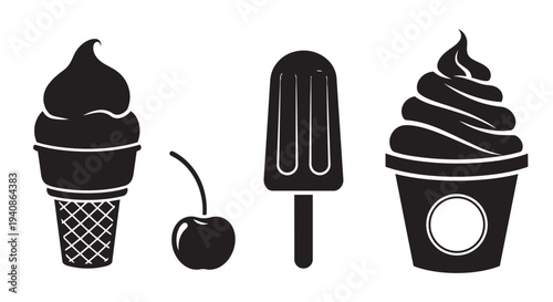 Ice cream vector illustration set featuring cones, popsicles, and desserts in various styles and flavors