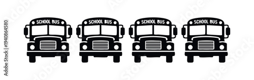 Four black and white school bus icons in a row, front view.