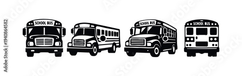 Collection of black and white school bus icons in various styles.