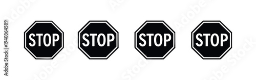 Four black and white stop road signs, isolated on white.