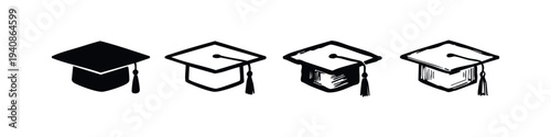 Diverse set of black and white academic graduation cap icons.