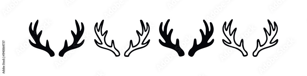 Obraz premium Deer antlers silhouettes and outline icons set. Forest animal horn vector illustrations.