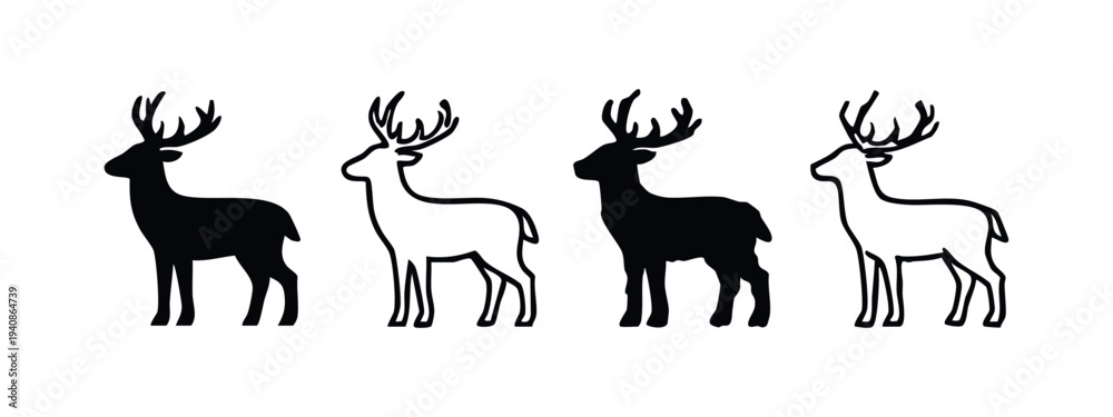 Fototapeta premium Deer buck silhouettes and outline icons set. Wild forest animal vector illustrations.