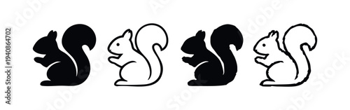 Various squirrel icons in black and white solid and outline styles, depicted holding or eating something.
